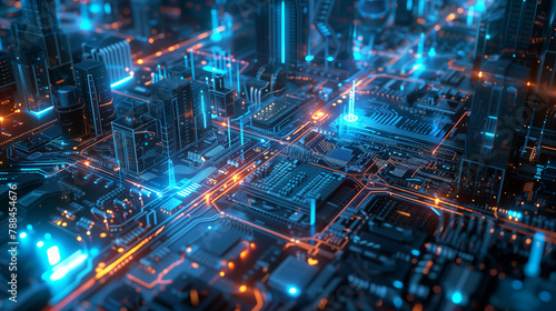 Aerial view of a circuit board city concept with glowing blue and orange light effects on the streets, buildings and components. © KML Images
