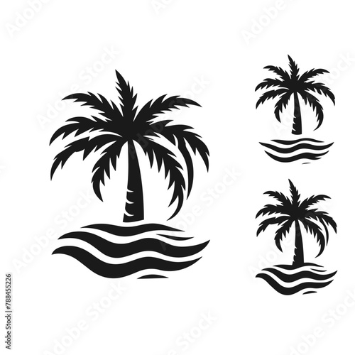 Black palm trees set isolated on white background. Palm silhouettes. Design of palm trees for posters  banners and promotional items.