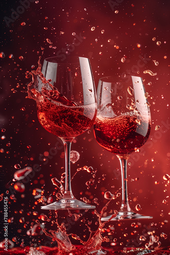 Glasses of red wine flying in the air, splashes of wine fly away, on a red background  photo