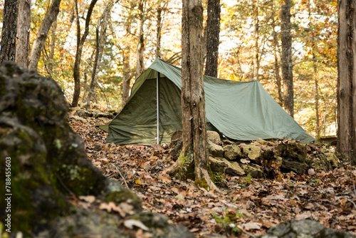 a green military tent in the woods