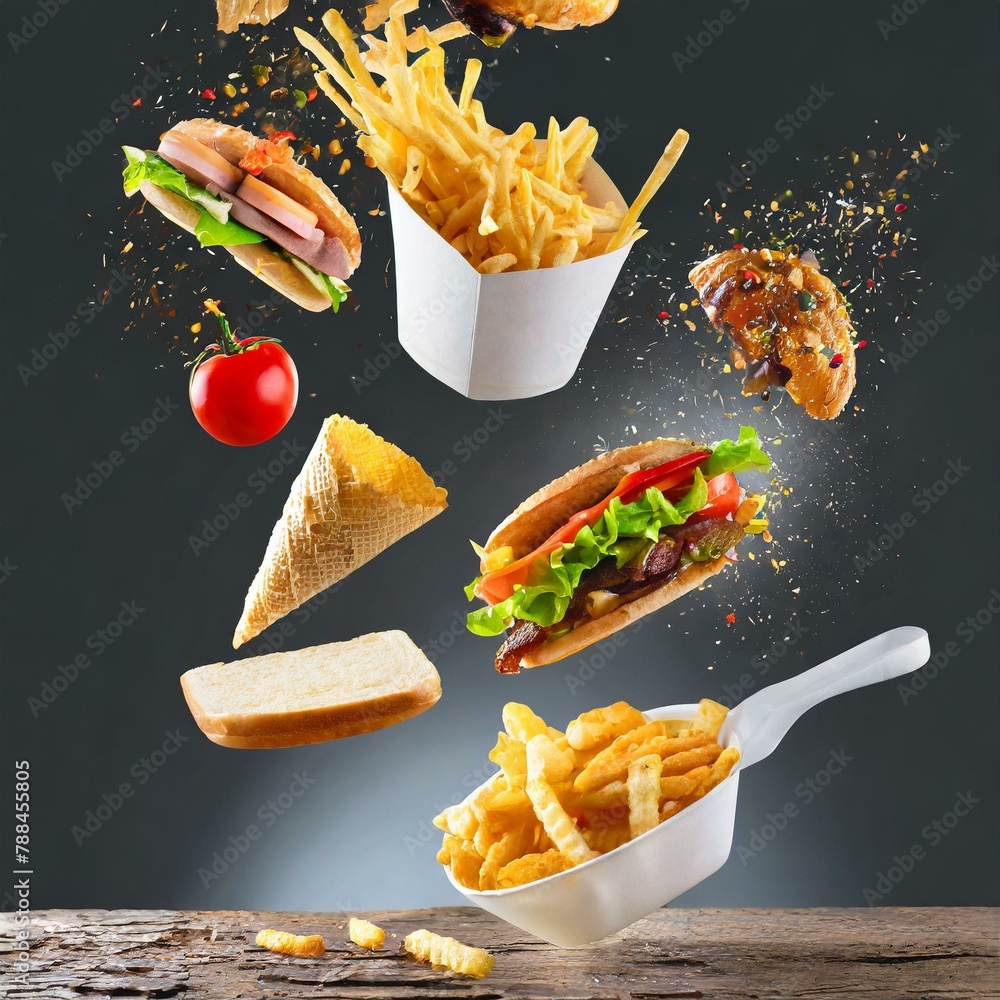 Assorted Fast Food Items Flying on White Background, food - obrazy, fototapety, plakaty 