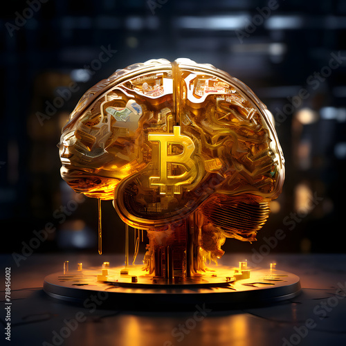 Golden brain with 3D Bitcoin coin neural networks illuminated, symbolizing the cognitive processes involved in research and discovery