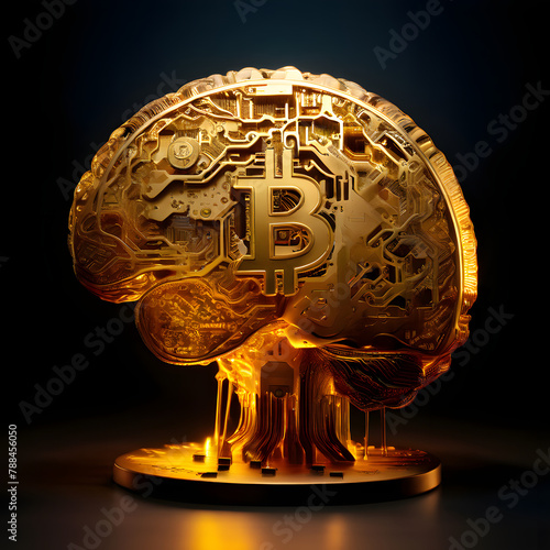 Golden brain with 3D Bitcoin coin neural networks illuminated, symbolizing the cognitive processes involved in research and discovery