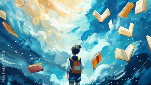 Whimsical illustration of a thoughtful kid with books floating around