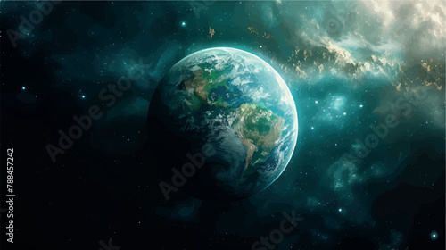 Planet Earth view from space. Planet Earth in space close-up, poster, banner, print. Our world. Atmosphere of the earth. Global warming, cataclysms, world wars. Galaxy.