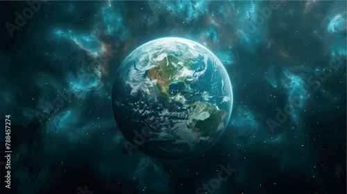 Planet Earth view from space. Planet Earth in space close-up, poster, banner, print. Our world. Atmosphere of the earth. Global warming, cataclysms, world wars. Galaxy.