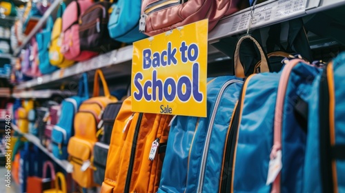 A "Back to School Sale" sign with backpacks and school supplies displayed. 