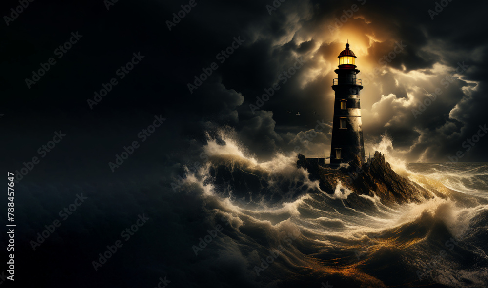 lighthouse on the rough sea, black and gold with a free space to add your text, high detailed, HDR