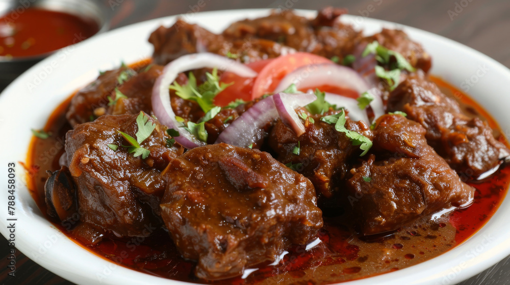 Authentic bangladeshi beef curry garnished with tomato, onion, and cilantro on a white plate