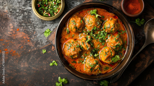 Savory bangladeshi curry with meatballs garnished with fresh herbs, served in a pot