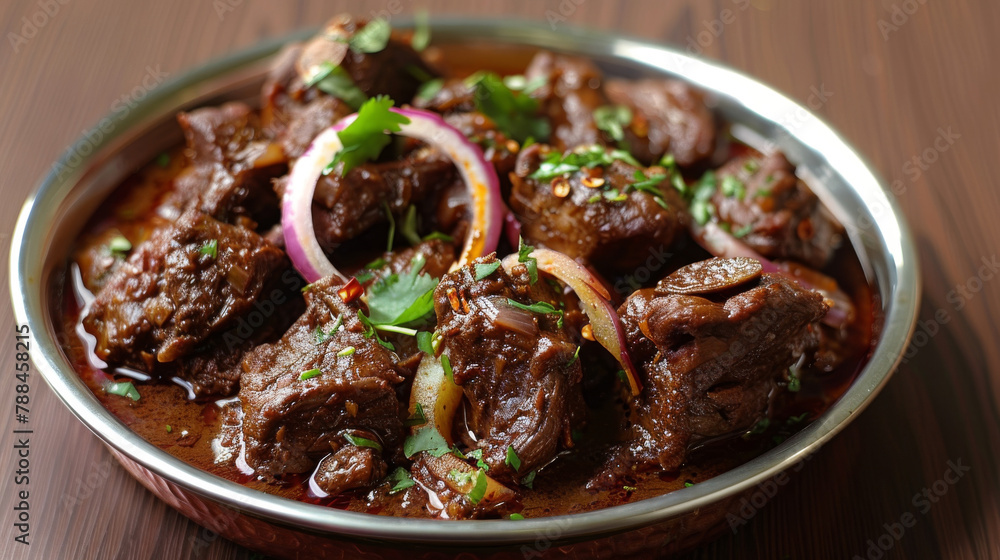 Classic bangladeshi cuisine: a flavorful beef curry adorned with fresh herbs and onions Classic bangladeshi cuisine: a flavorful beef curry adorned with fresh herbs and onions