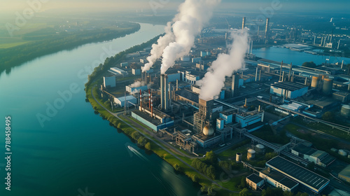 Modern industrial plant 3d visualization, production manufacturing factory with smoking chimneys causing pollution 3d render illustration