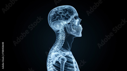 3d illustration X-Ray of a male skeleton with a series of gears in his head for the concept of thought. Isolated on a black background
