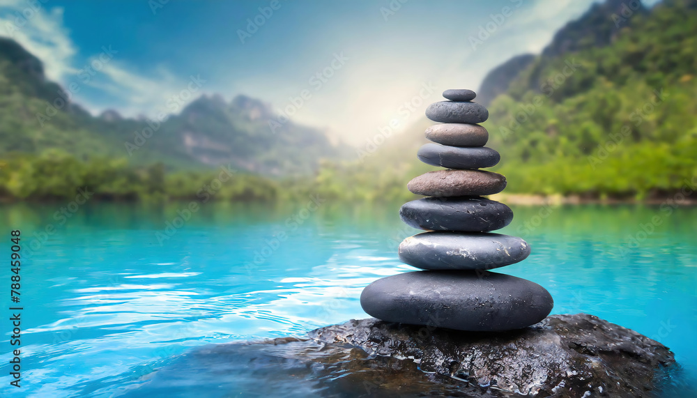 Stack of zen stones on blue water background. Spa, Zen concept. Stack of zen stones on blue water background. Spa, Zen concept.