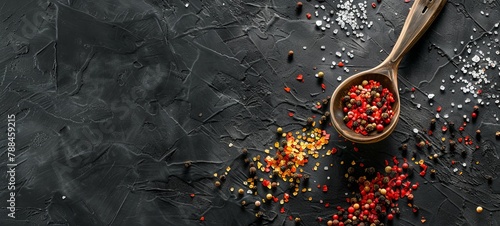 Pepper in a spoon. Colored pepper, sea salt, ground pepper, chili pepper. different spices. View from above. On a black concrete background. place for text. generative ai