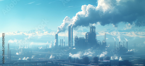 Modern industrial plant 3d visualization  production manufacturing factory with smoking chimneys causing pollution 3d render illustration
