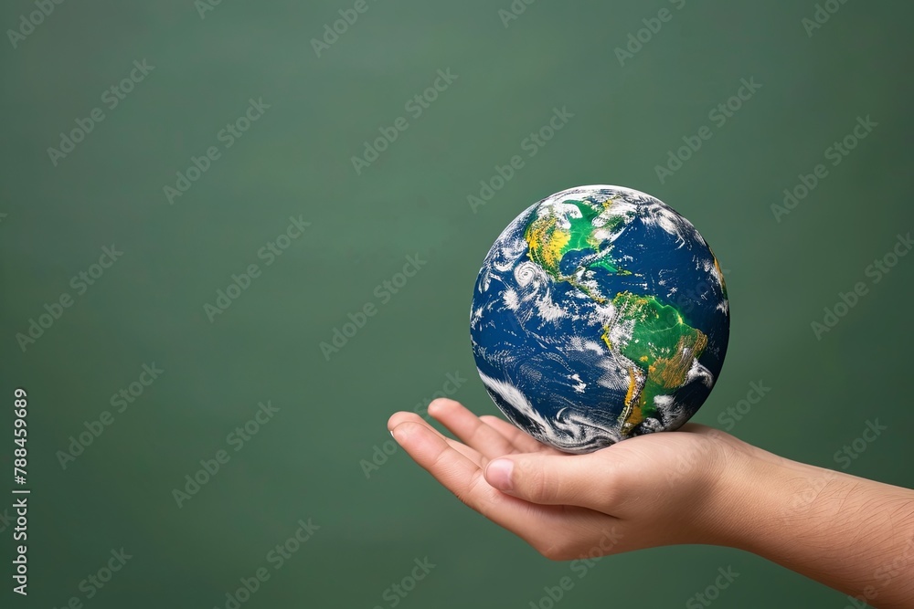 World Earth Day: Hand holding planet Earth against green studio backdrop AI Image World Earth Day: Hand holding planet Earth against green studio backdrop AI Image