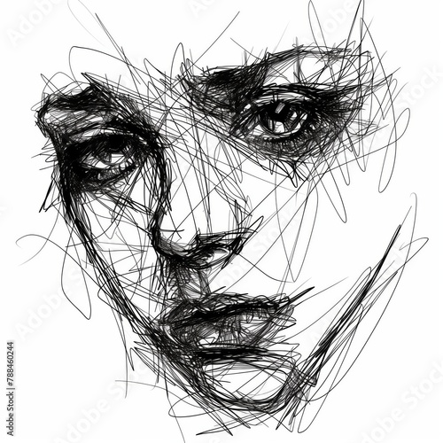 Sad woman portrait in hand drawn, handwritten style on white background