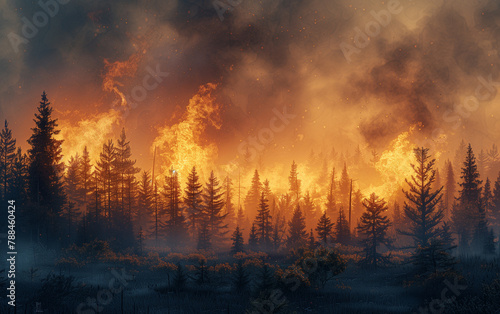 Forest fire at night. Natural disaster, flames destroy the forest. Fiery glow over the fire. 3d image
