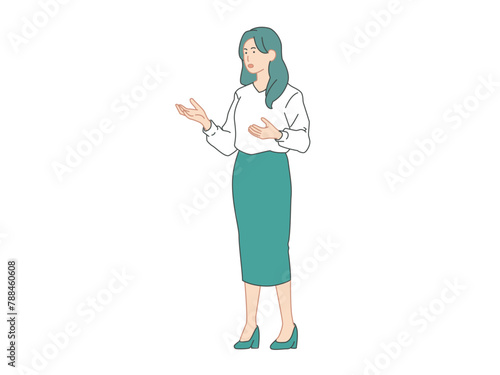 説明をするビジネス風の女性のイメージイラスト素材
