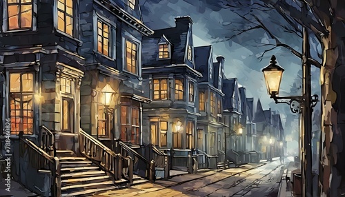 Illustrate a nighttime urban scene where streetlights create dynamic shadows from a row of Victorian townhouses photo