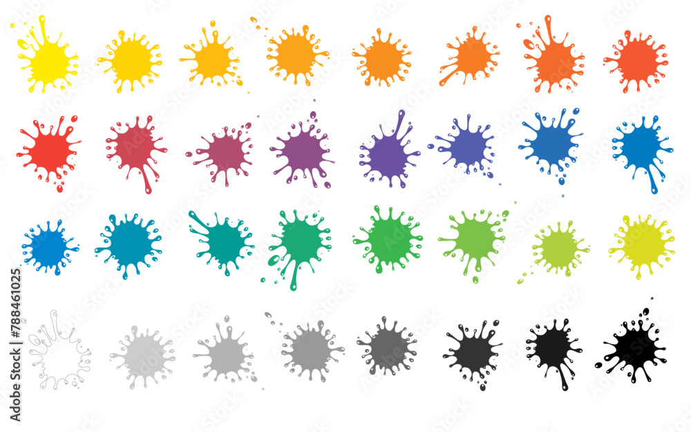 Rainbow splash background. Set of colored blots on the white background. 24 colors set. back to school. art and craft projects, scrapbooks. Circular stains. Hand drawing of banner, label, frame shape.