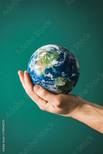 Hand holding Earth against green studio background for World Earth Day concept AI Image