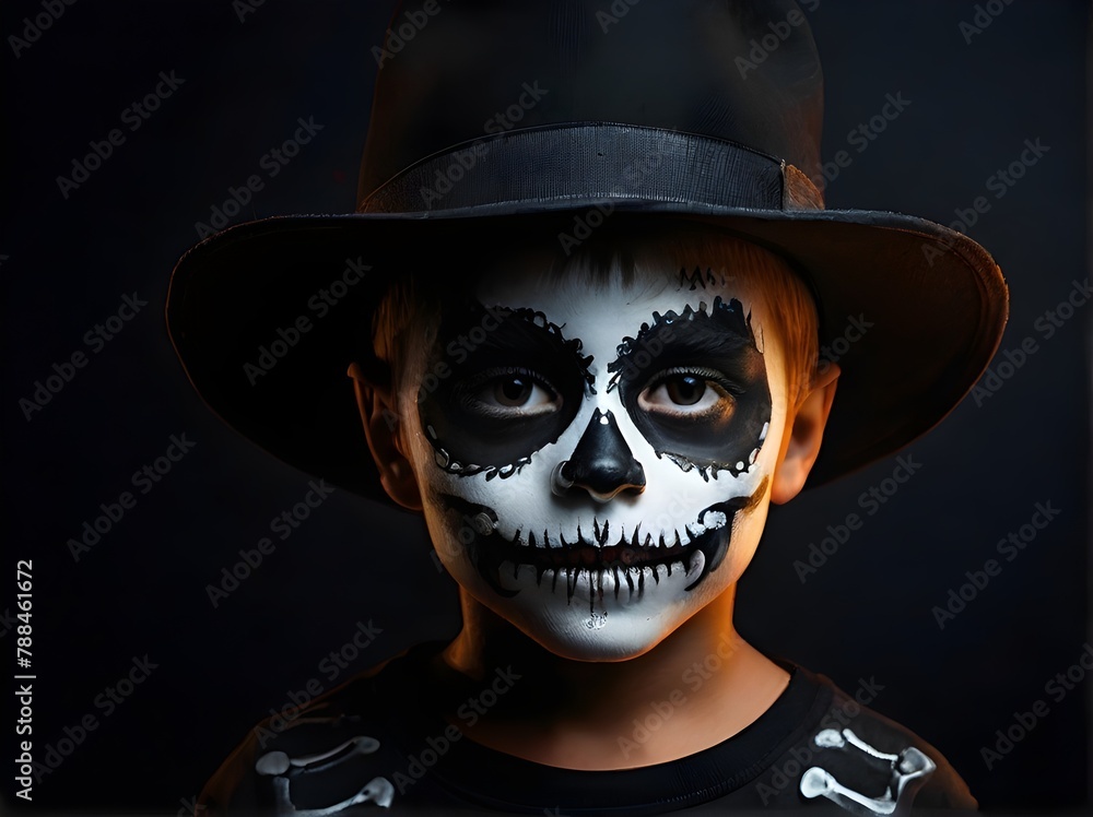 A boy with Halloween makeup and a skeleton hat looking at the camera while standing against a black background. Generative AI A boy with Halloween makeup and a skeleton hat looking at the camera while standing against a black background. Generative AI