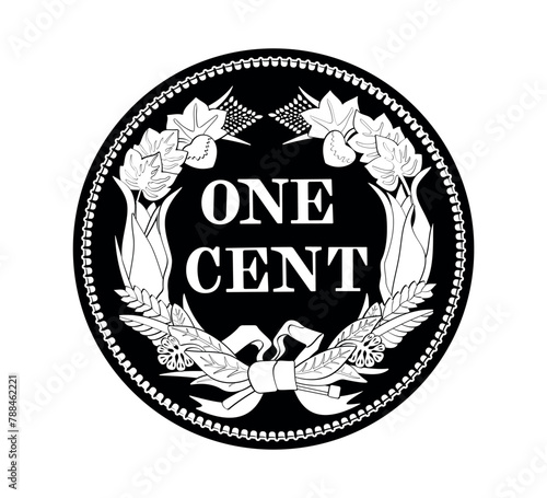 Vector American money, one cent coin, 1857. The coin is depicted in black and white. Vector illustration.