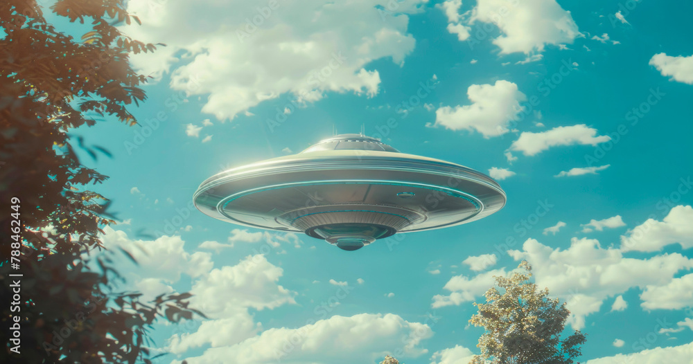 Unidentified Flying Object Hovering in Clear Blue Sky Above Treetops During Daytime Unidentified Flying Object Hovering in Clear Blue Sky Above Treetops During Daytime