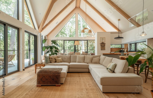 A modern  open-plan living room with high ceilings and wooden floors in an A-frame house.