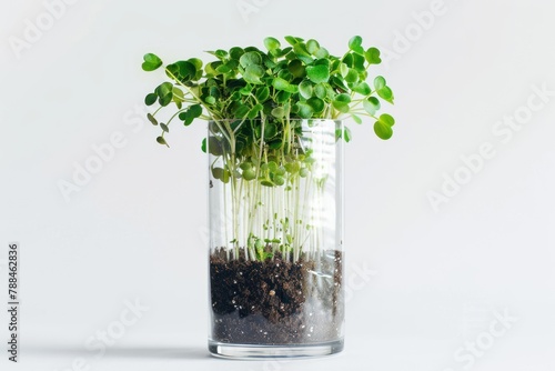 Different types of microgreen in transparent glass container, healthy food and vegan diet concept, plant on a light background, banner photo, AI generated