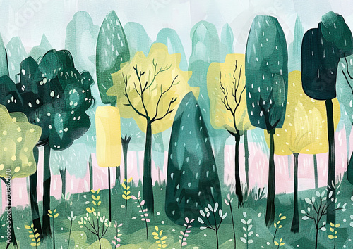 cute boho forest with tree in oilpaint style background photo