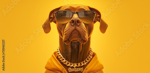 A brown dog with black sunglasses, a gold chain necklace and a cap posing in the style of the rapper grilly on a yellow background