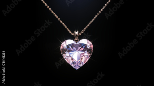 Heart-shaped crystal pendant on a gold chain necklace. Studio shot isolated on a black background with a spotlight effect. Jewelry and love concept. Design for advertisement, banner, jewelry catalog.