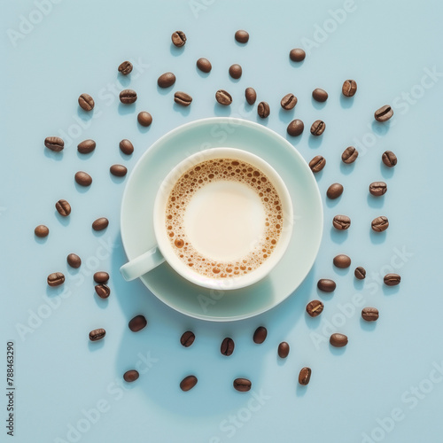 Overhead shot of creamy coffee in a light teal cup encircled by scattered coffee beans on a bright blue background  a vibrant and enticing image
