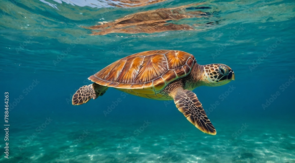 Fototapeta premium Green sea turtle swimming in turquoise ocean water, majestic marine reptile underwater with surface reflection, tropical aquatic wildlife photography