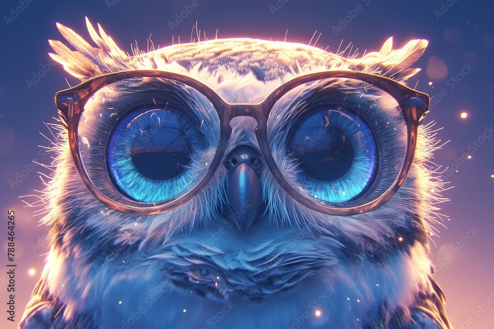 Colorful owl with glasses, a close up portrait, on a dark blue background 