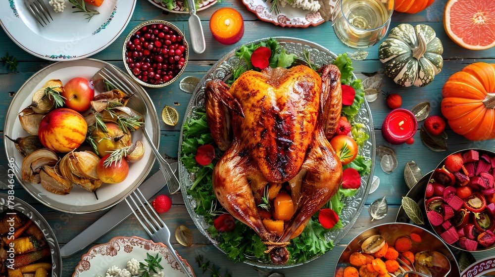 A festive Thanksgiving table is adorned with a golden-brown roasted turkey surrounded by various autumnal side dishes A festive Thanksgiving table is adorned with a golden-brown roasted turkey surrounded by various autumnal side dishes