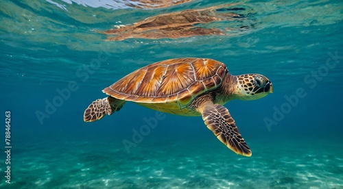 A green sea turtle gracefully swimming in the vast ocean, showcasing its vibrant colors and majestic presence.

