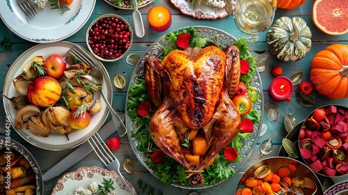A festive Thanksgiving table is adorned with a golden-brown roasted turkey surrounded by various autumnal side dishes