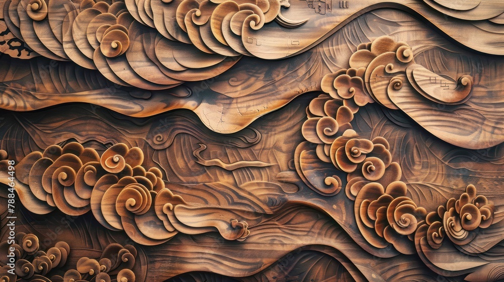 Abstract wooden carving background, carved Chinese motifs with abstract shapes and texture, waves, lines, swashes, natural eco color palette, AI generated