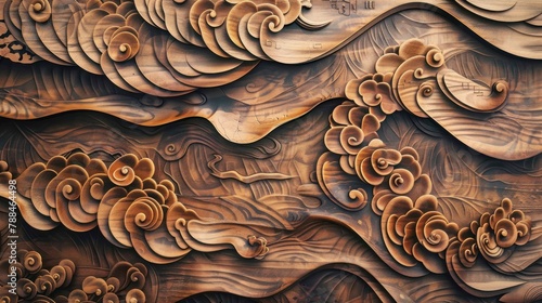 Abstract wooden carving background, carved Chinese motifs with abstract shapes and texture, waves, lines, swashes, natural eco color palette, AI generated