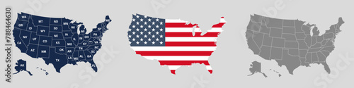 USA Maps collection. Vector United States map mockup collection. State name and each state isolated.