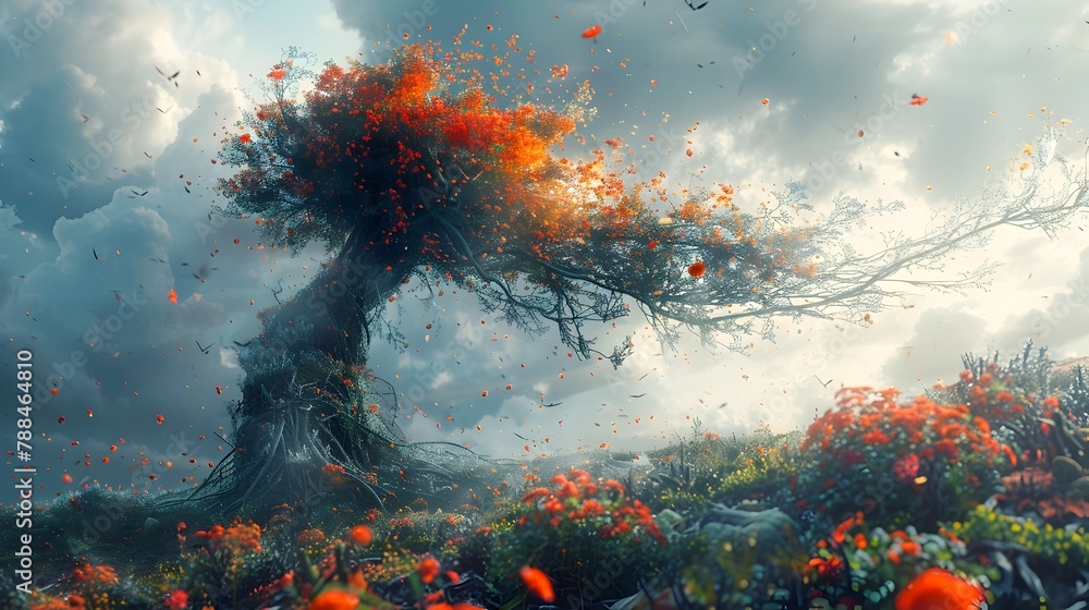 Fiery Autumn Tree Erupting in a Dramatic Stormy Landscape,a Transformative Scene of Natural Power and Renewal