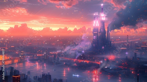 Futuristic Cityscape with Iconic Castle-like Architecture at Sunset with Dramatic Lighting and Reflections