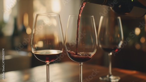 Red wine pouring to bordeaux glasses on table blurred window and kitchen background photo