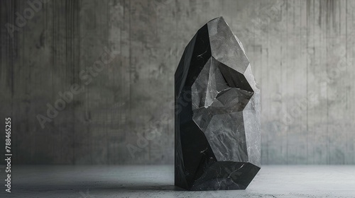 a monolithic sculpture carved from dark granite, featuring precision-cut facets that catch the light and create a sense of timeless elegance.  photo