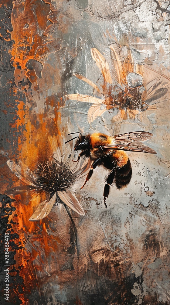 Fototapeta premium Capture the intense texture of an oil painting depicting a close-up shot of a bee pollinating a flower, showcasing the delicate balance of nature