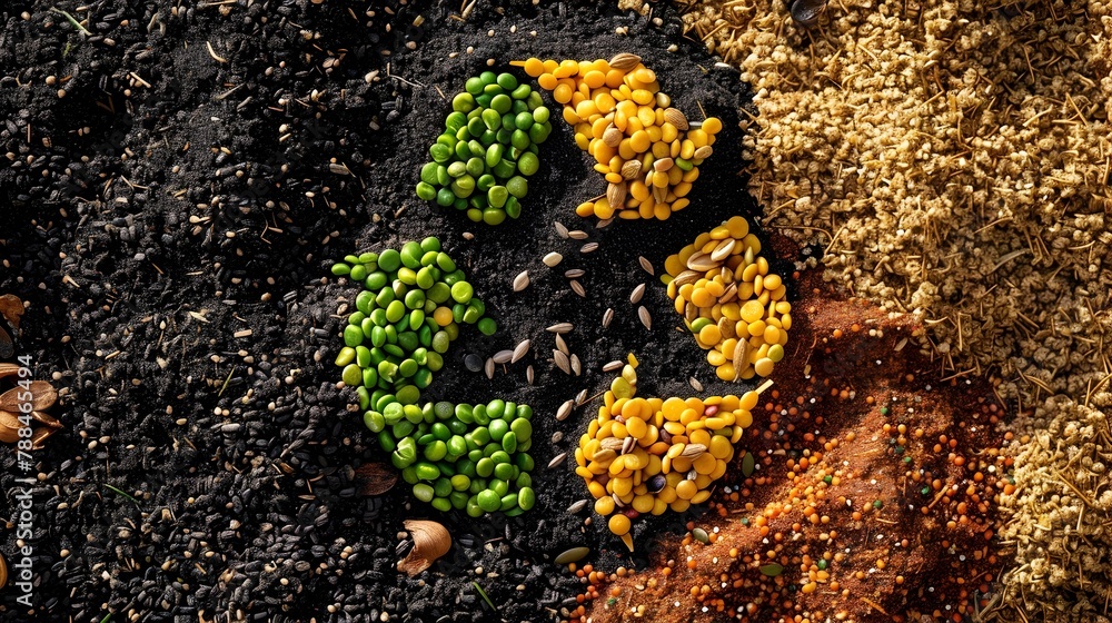Fototapeta premium Composting Emblem: Recycle Logo Crafted from Grains and Seeds on Fertile Soil